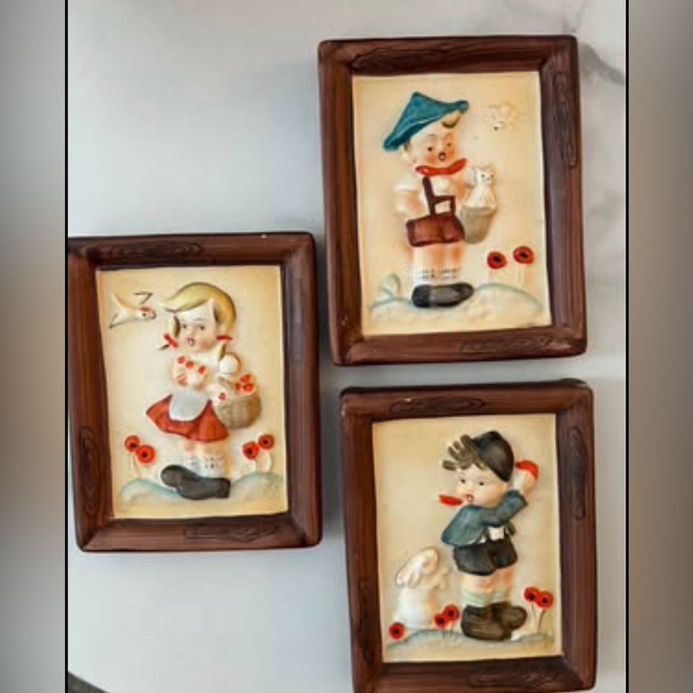 3 vintage ceramic pictures of Hummel style characters on them boy girl charming
